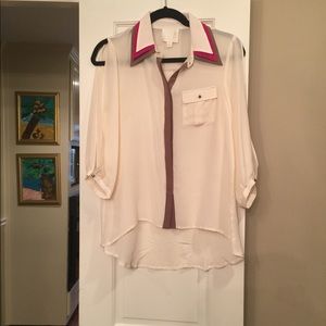 White silk shirt with pink and brown detail